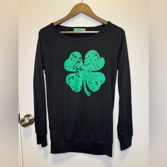 For Girls and Perfect Life Tops - Black Long Sleeve Top with Green Clover | Shamrock | Women’s Size S | Comfy
